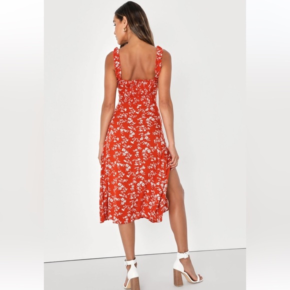 Lulu’s Garden Date Red Orange Floral Print Ruffle Midi Dress Women’s Size Large - Picture 2 of 8